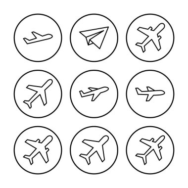 Düzlem simgesi vektörü. Uçak ikonu vektörü. Uçuş taşıma sembolü. Seyahat illüstrasyonu. Tatil sembolü