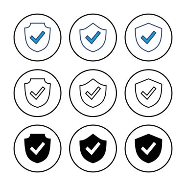 Kalkan kontrol simgesi vektörü. Koruma onayı işareti. Güvenli simge vektörü
