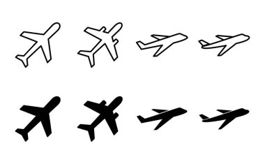 Uçak simgesi ayarlandı. Uçak ikonu vektörü. Uçuş taşıma sembolü. Seyahat illüstrasyonu. Tatil sembolü