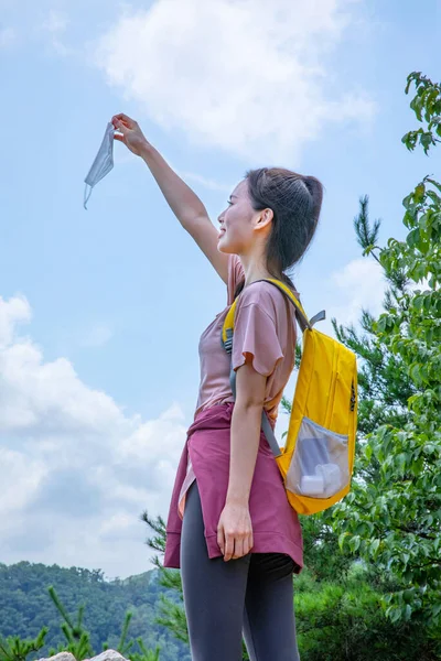 Korean Young Hiker Woman Holding Hand Protective Mask — Stock Photo, Image