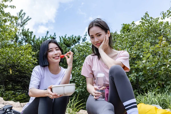 Coreano Jovens Mulheres Caminhadas Descansando Sobre Rocha Tendo Almoço Pausa — Fotografia de Stock