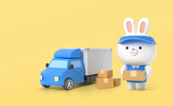Lindo Renderizado Conejo Character Delivery Evento — Foto de Stock