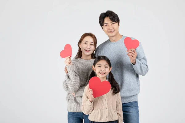 Happy Asian Korean Family Isolated White Background Holding Hearts Signs — Stock Photo, Image