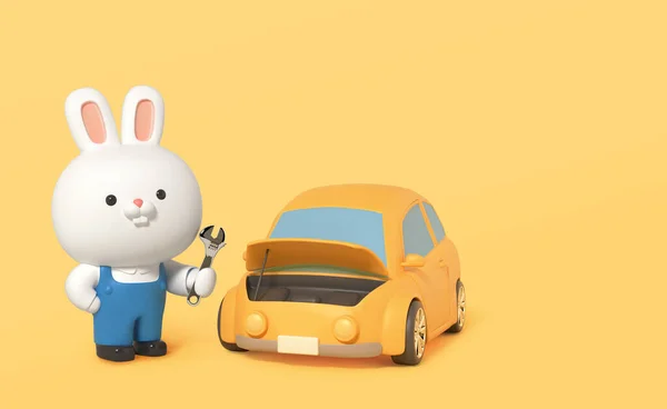 Lindo Renderizado Conejo Character Car Reparación — Foto de Stock