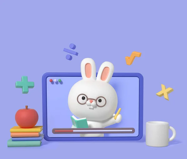 かわいい3Dレンダリングウサギの文字 オンライン教育 — ストック写真