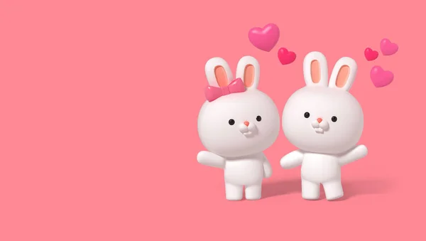 かわいい3Dレンダリングウサギのキャラクターとともにハート_Valentines — ストック写真