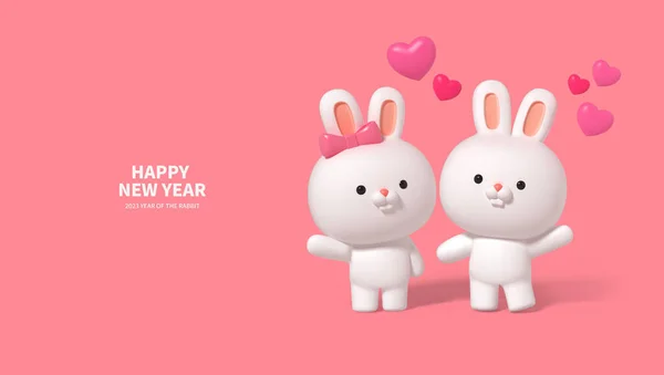 かわいい3Dレンダリングウサギのキャラクターとともにハート_Valentines — ストック写真