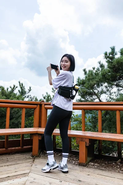 Korean Young Woman Hiker Taking Photo Smartphone — Stock Photo, Image