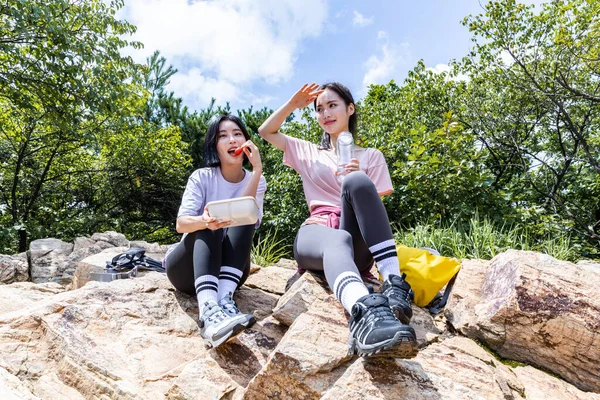 Κορεάτισσες Νεαρές Γυναίκες Κάνουν Πεζοπορία Αναπαύονται Στο Βράχο Και Κάνουν — Φωτογραφία Αρχείου