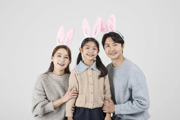 Happy Asian Korean Family Bunny Ears — Stock Photo, Image