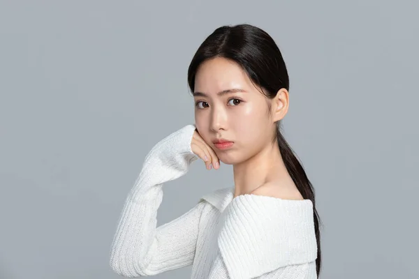 Güzel Genç Koreli Asyalı Kadın Portresi Stüdyo Fotoğrafı Kışın Cilt — Stok fotoğraf