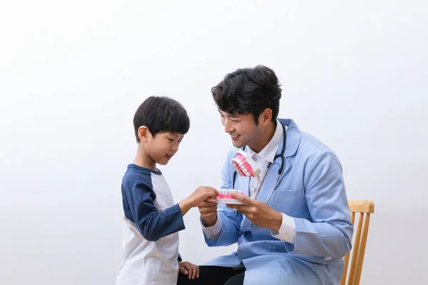 Asian Korean doctors and children holding miniatures of teeth