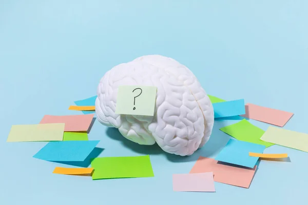 脳の健康と認知症のシリーズや疑問符の付いた脳のミニチュアやメモ帳 — ストック写真