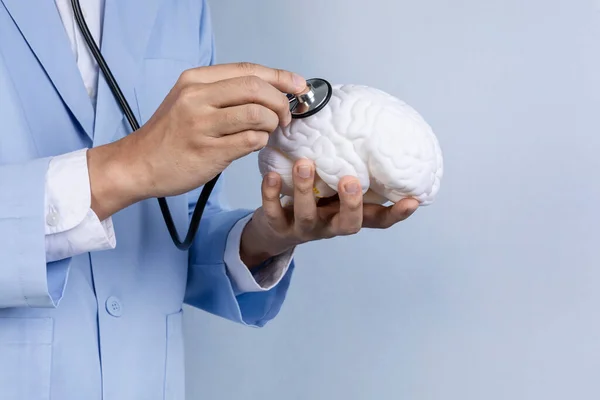 stock image brain health and dementia series, examine a brain model with a stethoscope