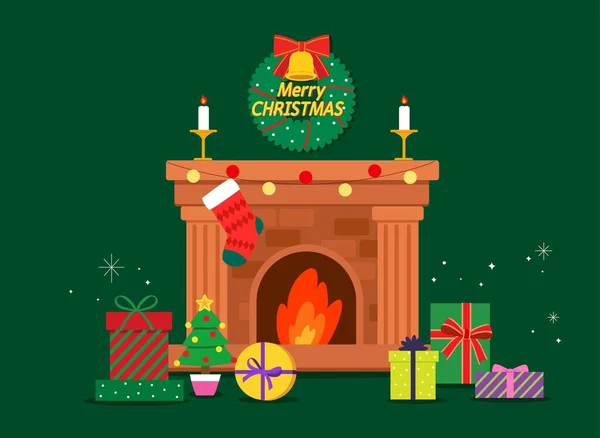 圣诞物品绘画 壁炉架和礼物 — 图库矢量图片