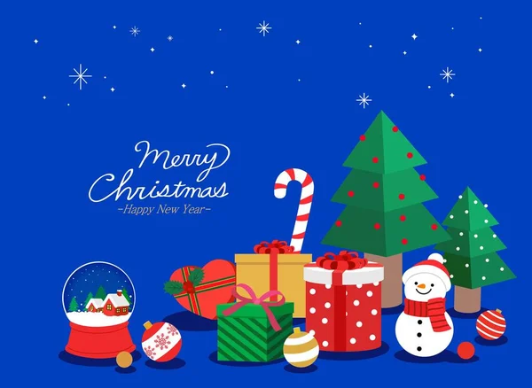 圣诞树 雪人和礼物 — 图库矢量图片