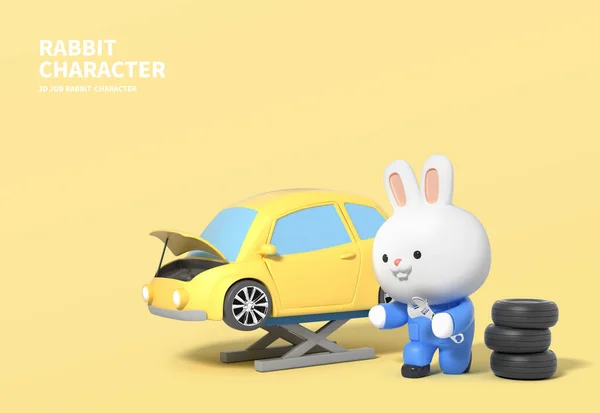 Rendered Cute Rabbit Character Car Maintenance — Stock Photo, Image