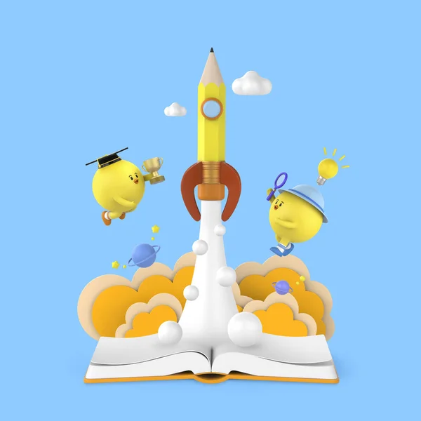 Graphic Rendered Education Character Pencil Rocket — Stock Photo, Image