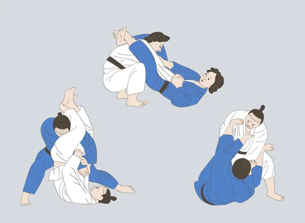 Humorous Painting Illustration Korean Folk Exercising Jiu Jitsu — Stock Vector