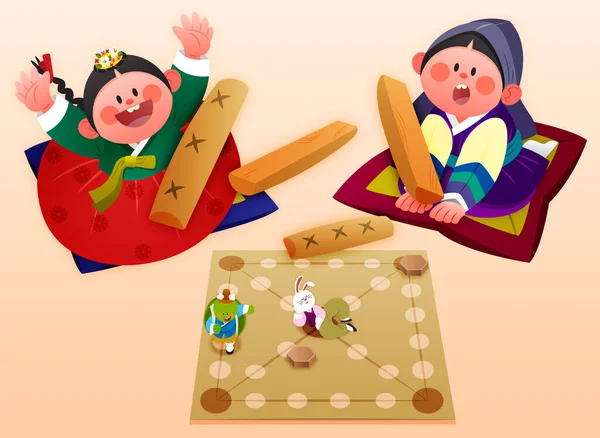 Cute Korean Oriental Drawing Children Playing Yut Stick Traditional Game — Stock Vector