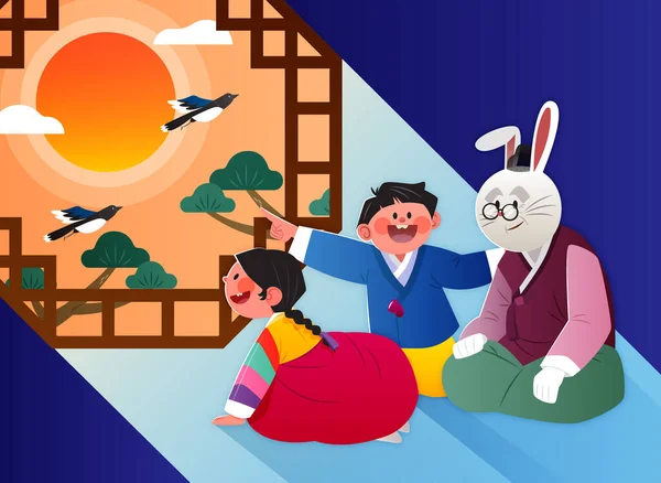 Cute Korean Oriental Drawing Children Rabbit Character Hanbok Watching Sunrise — Stock Vector