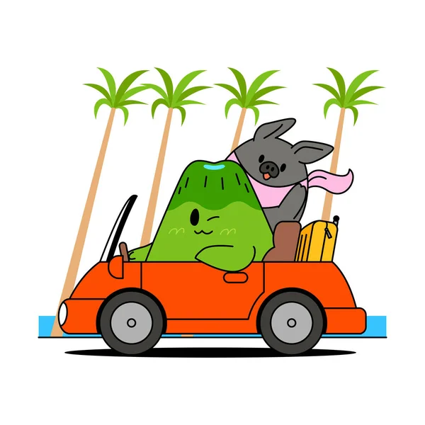 Personagem Emoticon Ilha Jeju Viagem Carro Com Porco Preto — Vetor de Stock