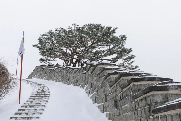 stock image beautiful snowing winter scenery in Suwon Hwaseong Fortress trail in Korea