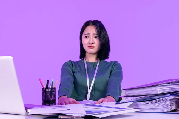 Business Working Concept Young Korean Asian Woman Tired Burned Out — Stock Photo, Image