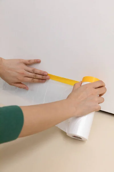 Diy Interior Hand Motion Closeup Putting Covering Tape — Stock Photo, Image
