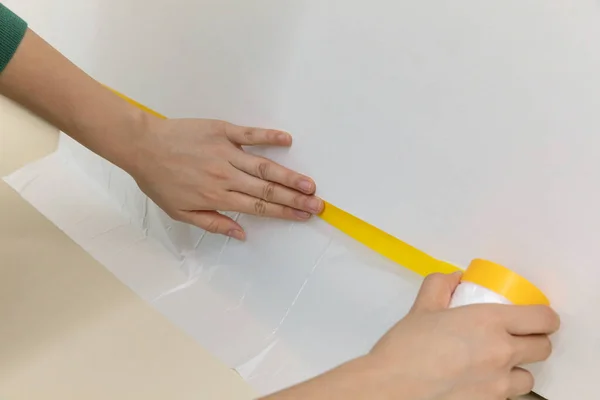 Diy Interior Hand Motion Closeup Putting Covering Tape — Stock Photo, Image