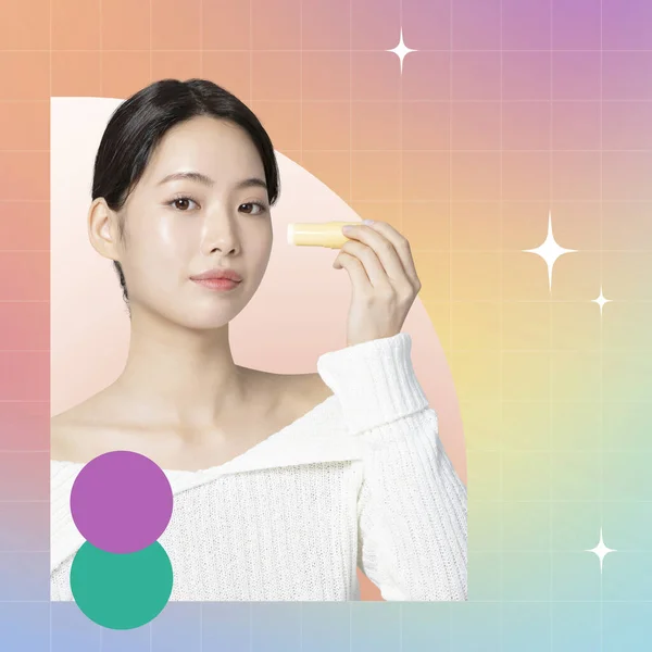 美容美发和化妆品海报模板与美丽的亚裔韩国人模型 — 图库照片