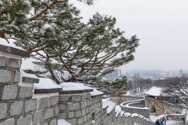 Vackert Snölandskap Suwon Hwaseong Fästning Spår Korea — Stockfoto