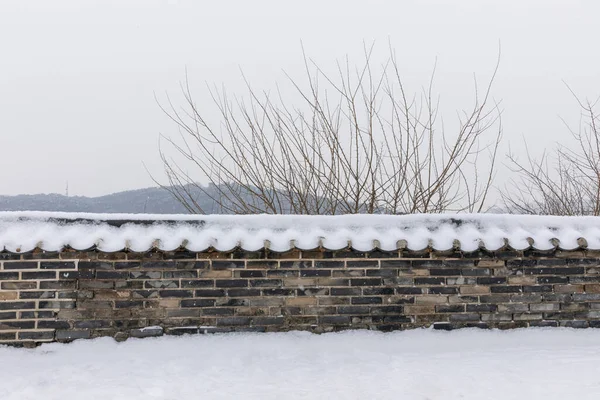 Красивые Зимние Снежные Пейзажи Тропе Крепости Сувон Хвасон Корее — стоковое фото