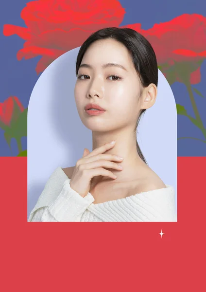 美容美发和化妆品海报模板与美丽的亚裔韩国人模型 — 图库照片