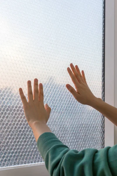 Diy Interior Hand Motion Close Seup Putting Air Cap Window — стоковое фото