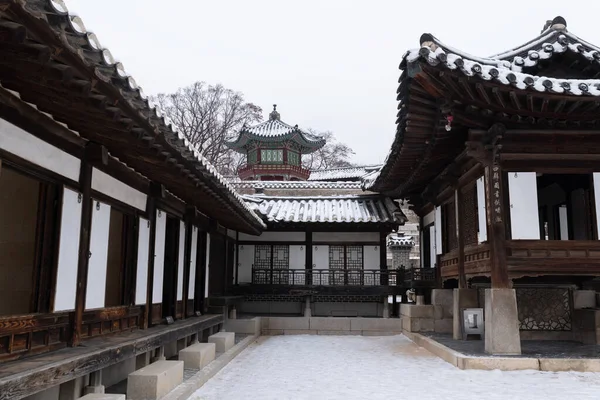 Снежные Зимние Пейзажи Дворца Чандэокгун Корея — стоковое фото