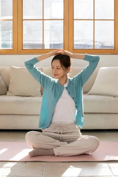 stock image happy single life of korean woman, streaching