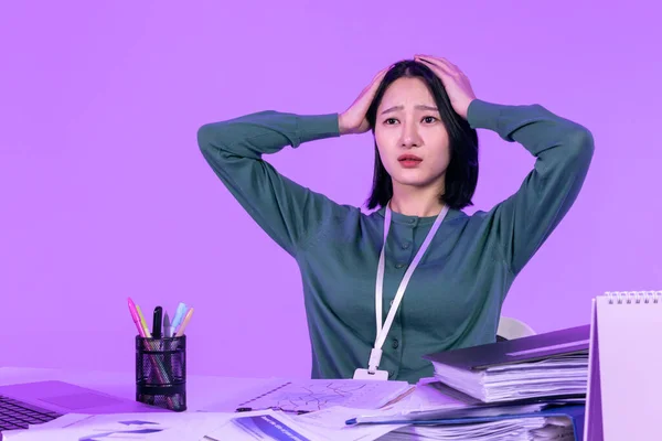Negocio Trabajo Concepto Joven Coreano Asiático Mujer Que Sufre Montón — Foto de Stock