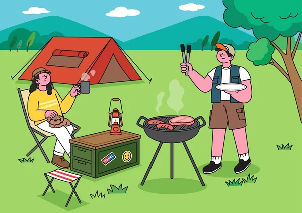 Par Njuter Camping Medan Grilla Kött Campingplats Vektor Illustration — Stock vektor