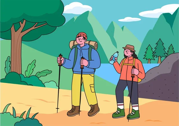 Couple Enojying Trekking Randonnées Pédestres Montagne Illustration Vectorielle — Image vectorielle
