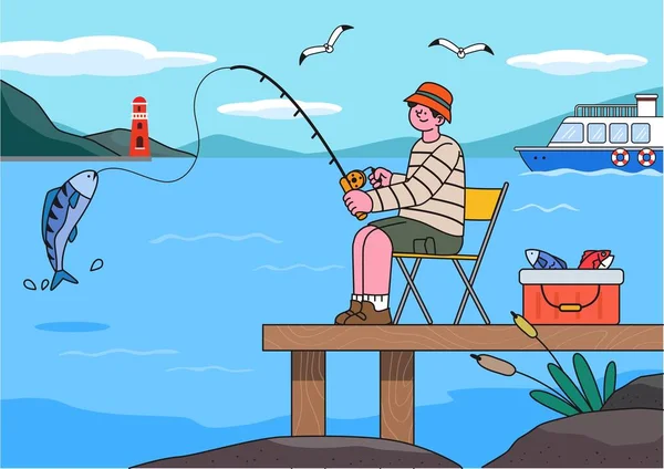 Jovem Que Gosta Pescar Ilustração Vetor Mar —  Vetores de Stock
