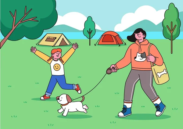 キャンプ場のベクトル図で犬を散歩している家族 — ストックベクタ