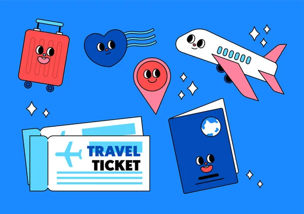 Set Retro Pop Sticker Trip Travel Theme Vector Illustration — Stock Vector