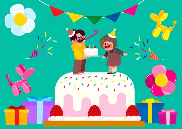 Fondo Con Personajes Felices Pareja Con Objetos Cumpleaños Dibujos Vector — Vector de stock