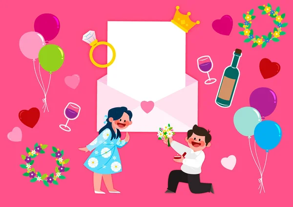 背景与幸福夫妇的角色与求婚活动 结婚对象和绘图矢量插图 — 图库矢量图片