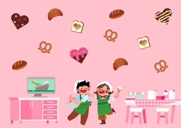 Background Happy Couple Characters Baking Objects Drawings Vector Illustration — Stock Vector
