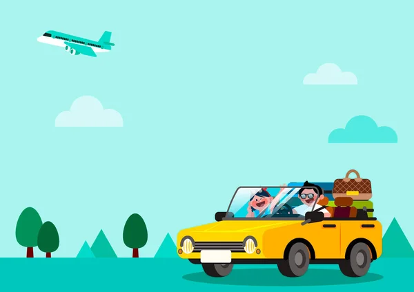 Φόντο Ευτυχείς Χαρακτήρες Ζευγάρι Στο Αυτοκίνητο Αποσκευές Στο Δρόμο Προς — Διανυσματικό Αρχείο