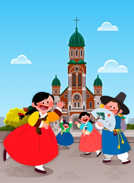 Ταξίδια Κορέα Goundong Καθολική Εκκλησία Στην Απεικόνιση Διάνυσμα Jeonju — Διανυσματικό Αρχείο