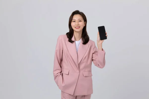 Business Concept Korean Young Woman Looking Smartphone Studio Shot — Stock Photo, Image
