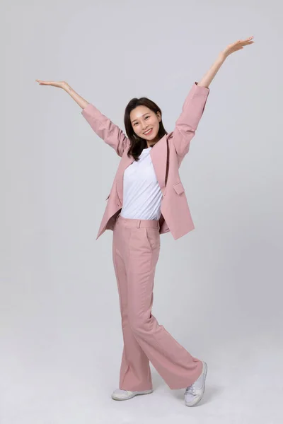 Business Concept Korean Young Woman Doing Hand Motion Studio Shot — Stock Photo, Image